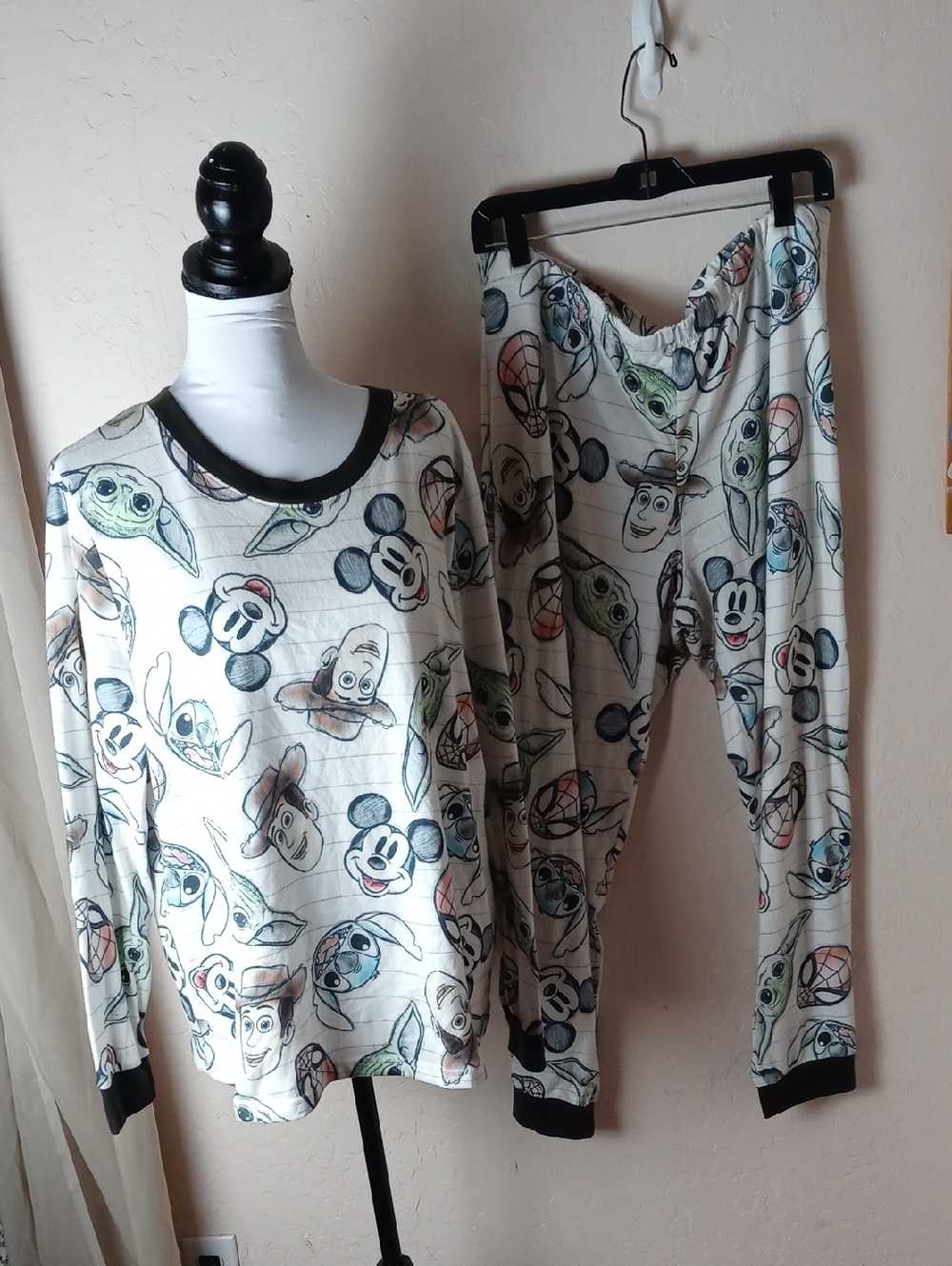 Disney Cream Pajama Set with Black Trim and Character Print